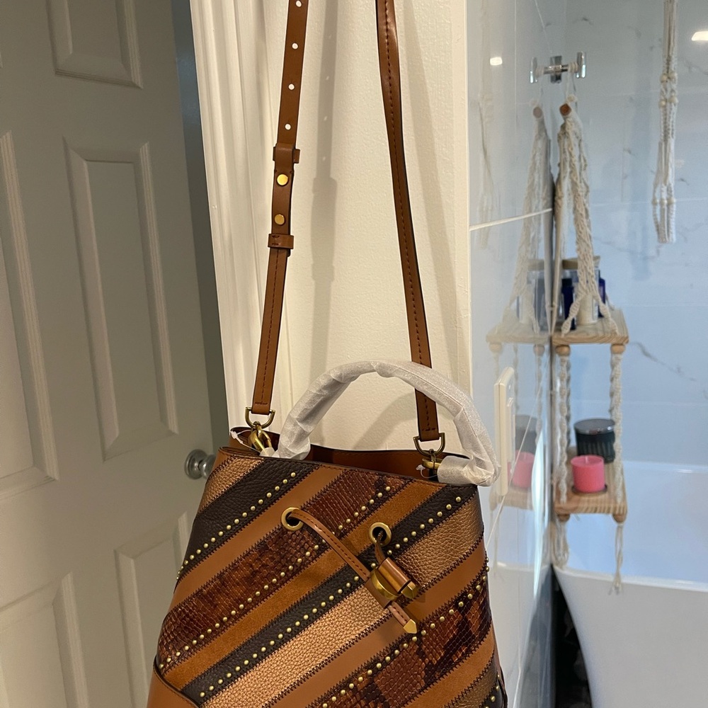 Michael Kors Brown and Tan Striped Leather Drawstring Bucket Bag - Picture 2 of 7